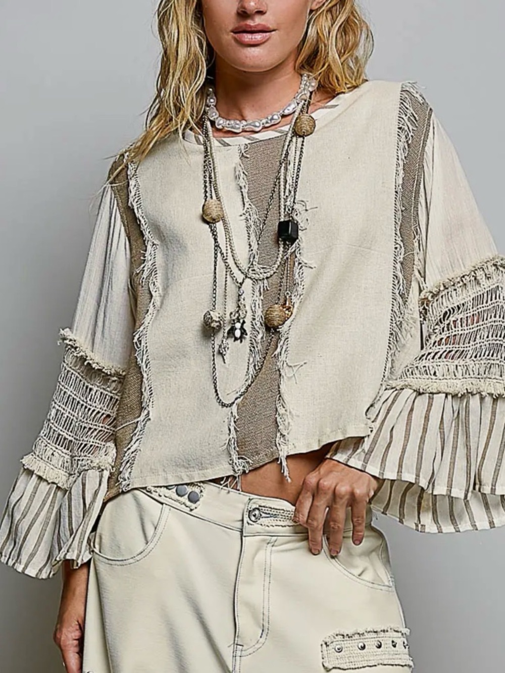 NEW POL drop 5/14: The Cecilia”  Boho Fringe Cream Patchwork Peasant Top